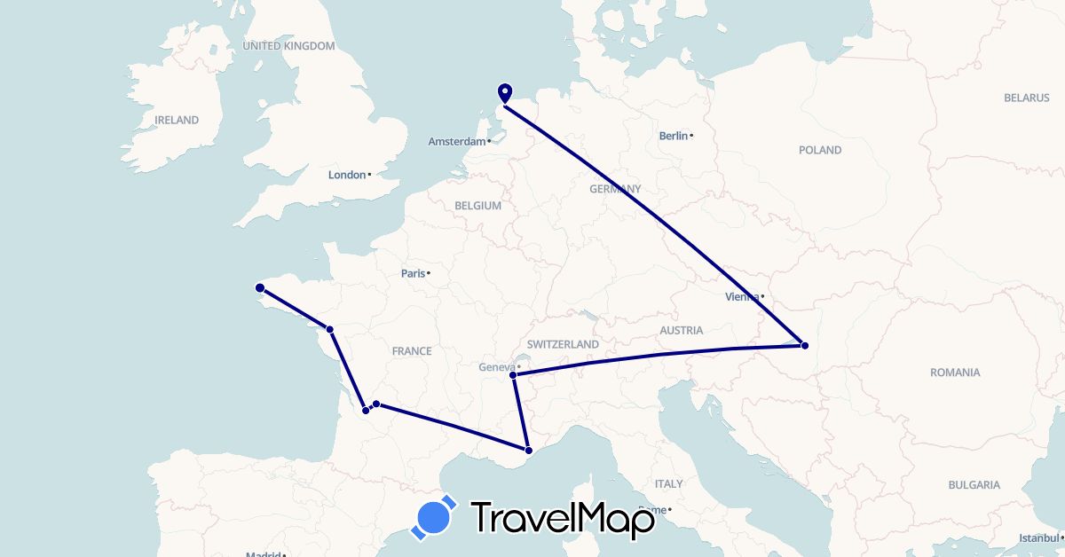 TravelMap itinerary: driving in France, Hungary, Netherlands (Europe)